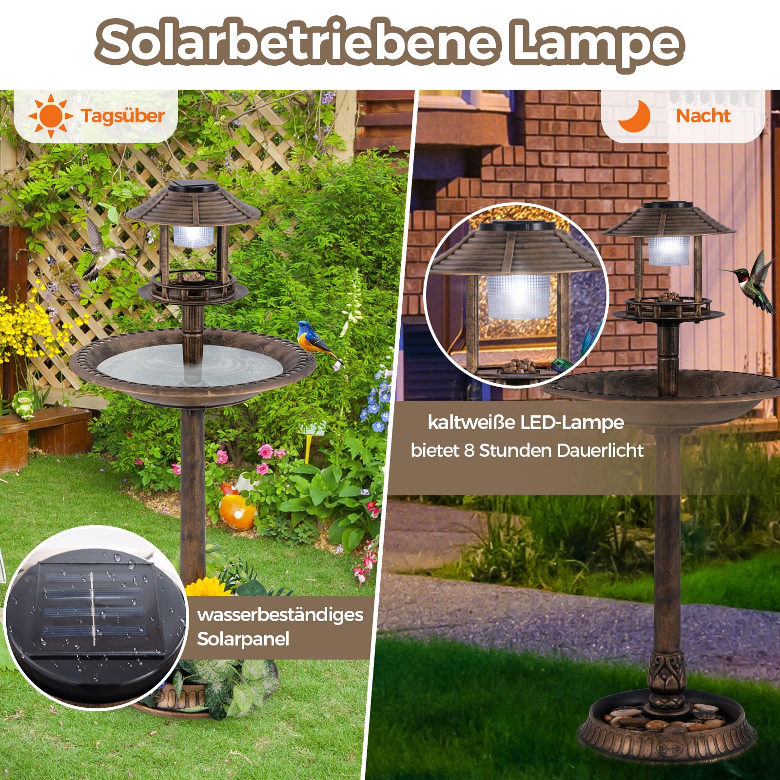 GYMAX Vogeltränke stehend mit Solarleuchte, Vogelbad Garten mit Blumenkübel & befüllbarem Ständer, Wasserschale Vögel, Futterstation für Balkon & Garten, Nr. 1 Antikbronze