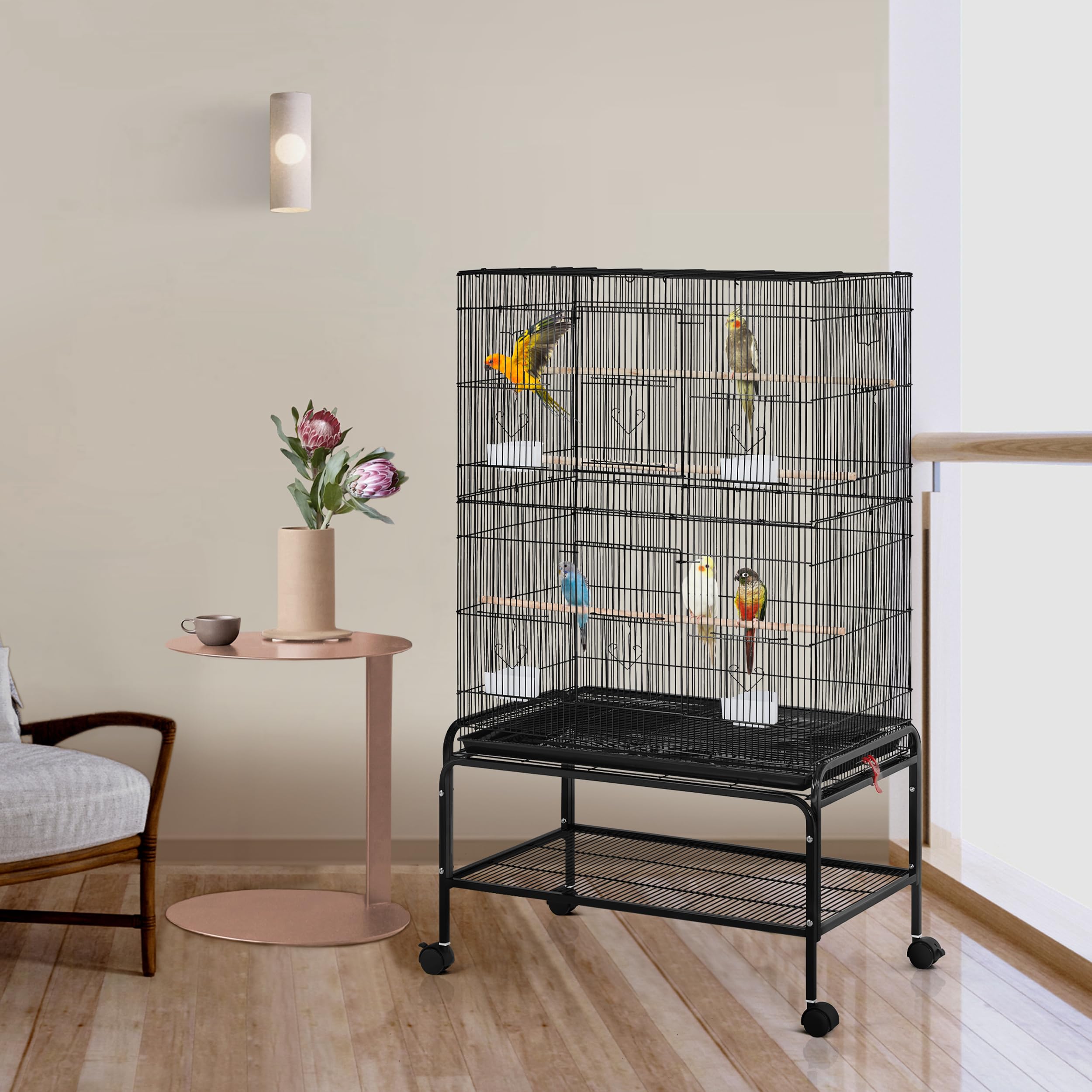 Gabbia Voliera per Uccelli Canarini Pappagalli, Grande con Ruote, Vassoio Estraibile, da Interno ed Esterno 79 x 49 x 135 cm Nero