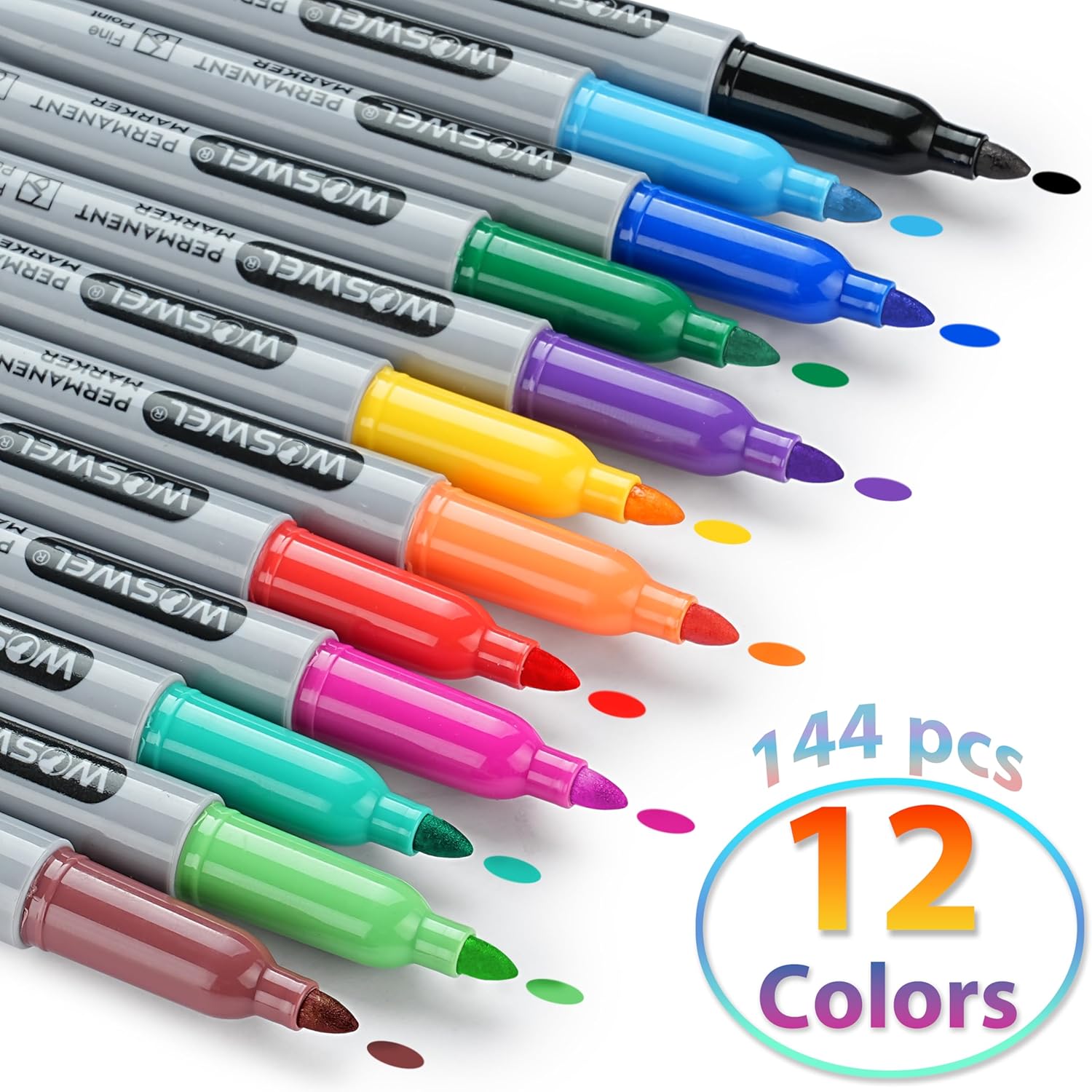 WOSWEL Permanent Markers Bulk, 144 Pack Permanent Marker Set, 12 Assorted Colors, Fine Point Tip, Fast Dry, Waterproof, work on Plastic, Glass, Metal, Wood and Stone, Perfect for School, Office, Home
