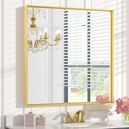 Miniatura 237 de Keonjinn Espejo de baño dorado de 48 x 36 pulgadas, espejo rectangular con marco de metal dorado cepillado, espejo de pared grande rectangular