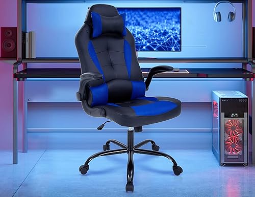 Silla de videojuegos, silla de computadora de piel sintética ajustable con reposacabezas soporte lumbar, brazos y ruedas abatibles, silla de oficina