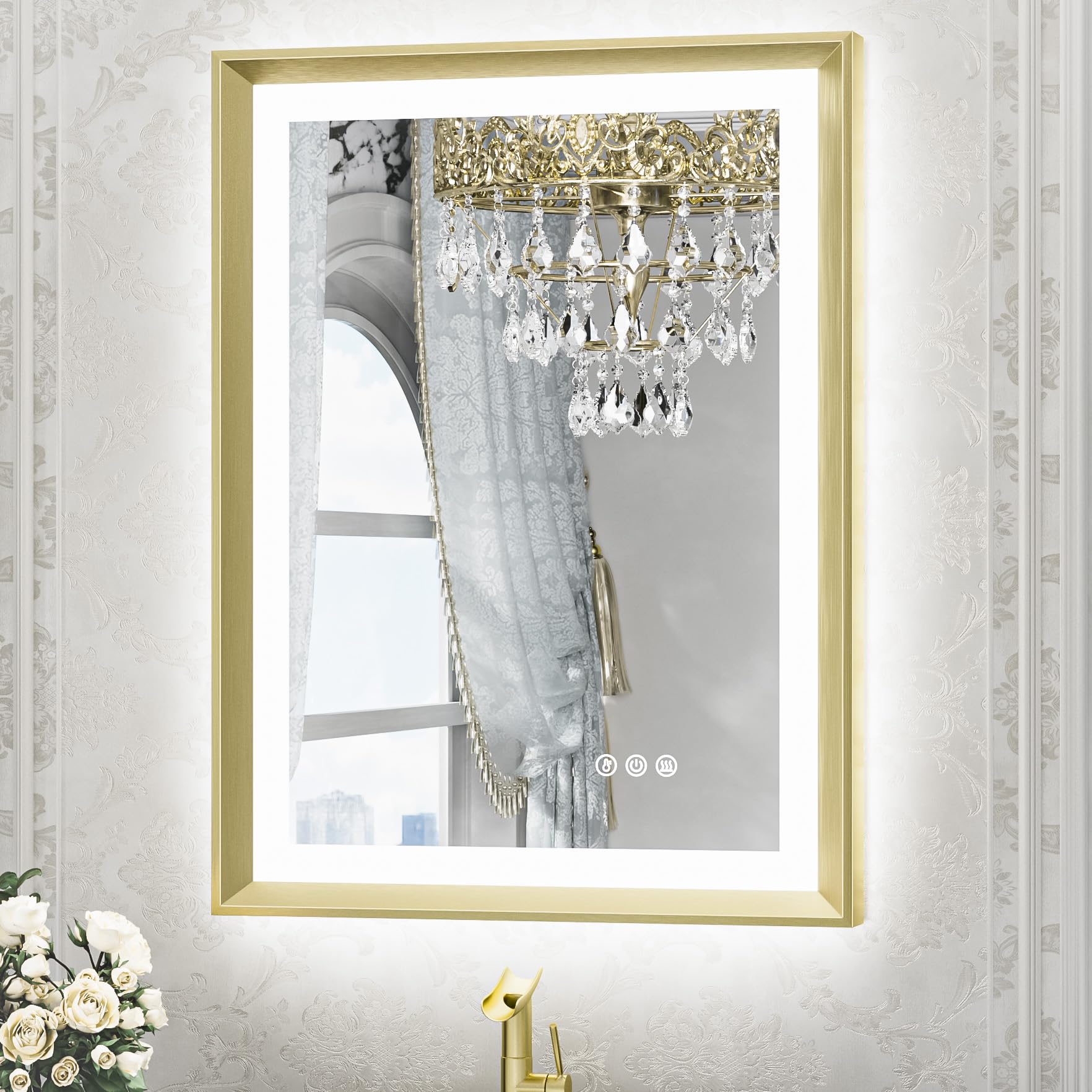 tetote gold led mirror for bathroom 20x28 metal frame frontlit & backlit lighted vanity mirror baroque anti fog stepless dimmable white/warm/natural,cri90+,wall mounted(horizontal/vertical)