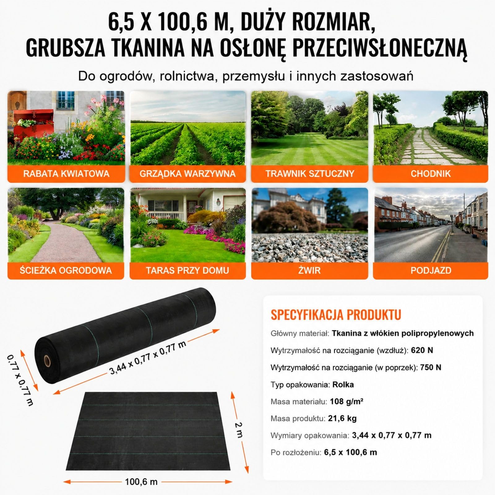 Włóknina krajobrazowa PP w rolce, czarna mata gruntowa do ogrodu, żwiru, podjazdu i ścieżek