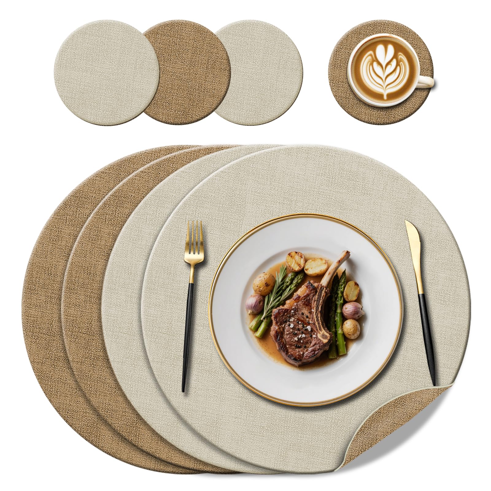 Set de table rond en cuir résistant à la chaleur et antidérapant beige