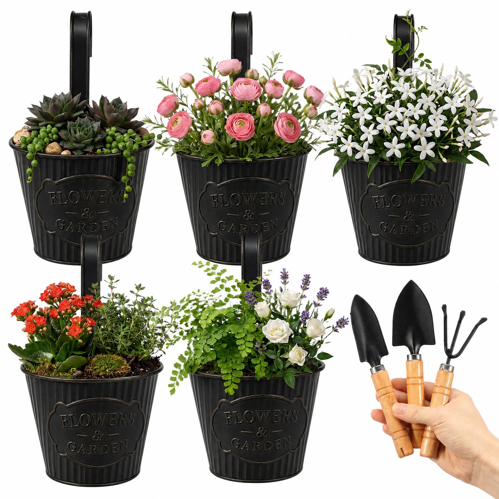 ATopoler 5 Pcs Hanging Flower Pots with Detachable Hook, Vintage Metal Flower Planter Pot with 3 Pack Garden Tools(Black)