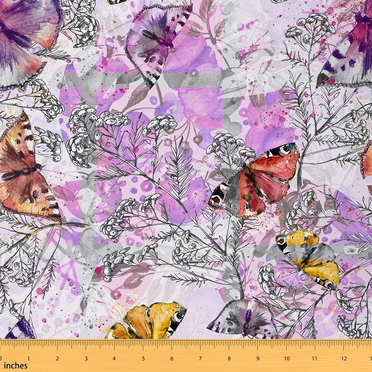 Watercolor Moth Red Yellow Outdoor Fabric by The Yard,Purple Floral Botanical Leaves Fabric for Home DIY Projects,Jungle Fancy Animal Theme Decorative Fabric for Room Decor,5 Yards