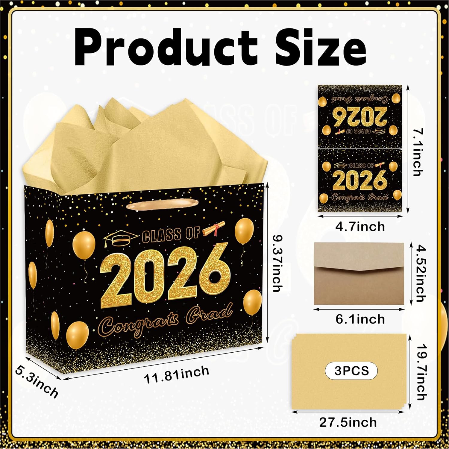 HZRNNA Black and Gold 2026 Graduation Gift Bag, Large Congrats Grad Gift Bag with Card and Tissue Paper, Graduation Gift Wrap Bag for Class of 2026, Congrats Grad Party Decorations - Image 2
