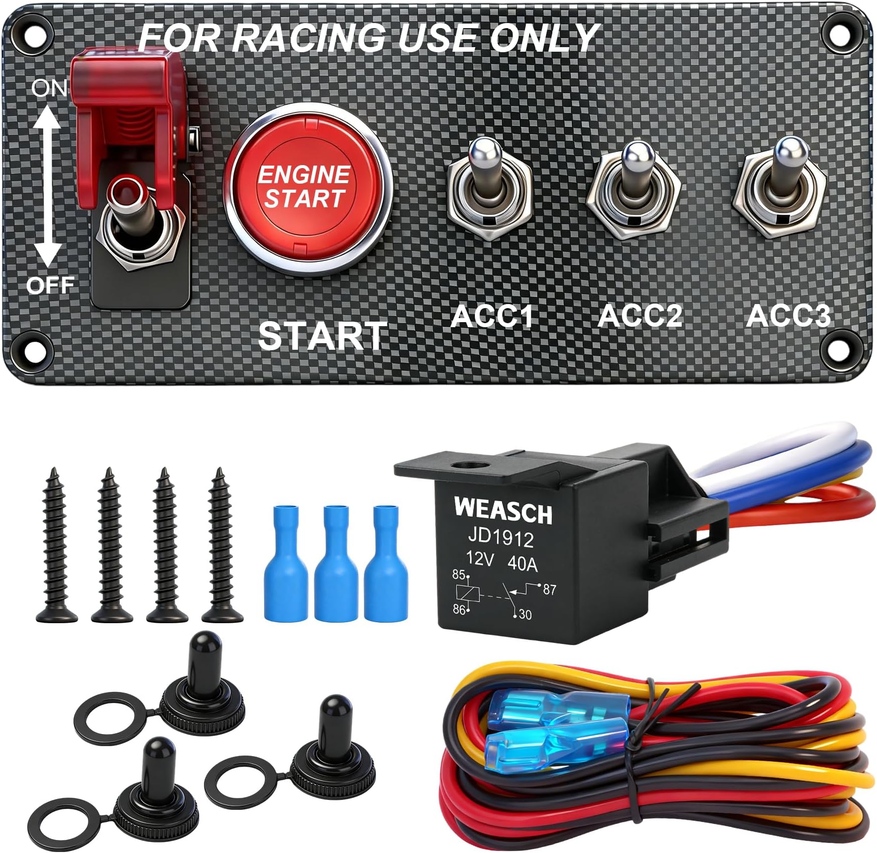 12V Carbon Ignition Switch Panel, 5 in 1 with Engine Push Button Toggle Switches, with 12AWG Relay Kit for RV Truck Racing Car Boat Marine Trailer