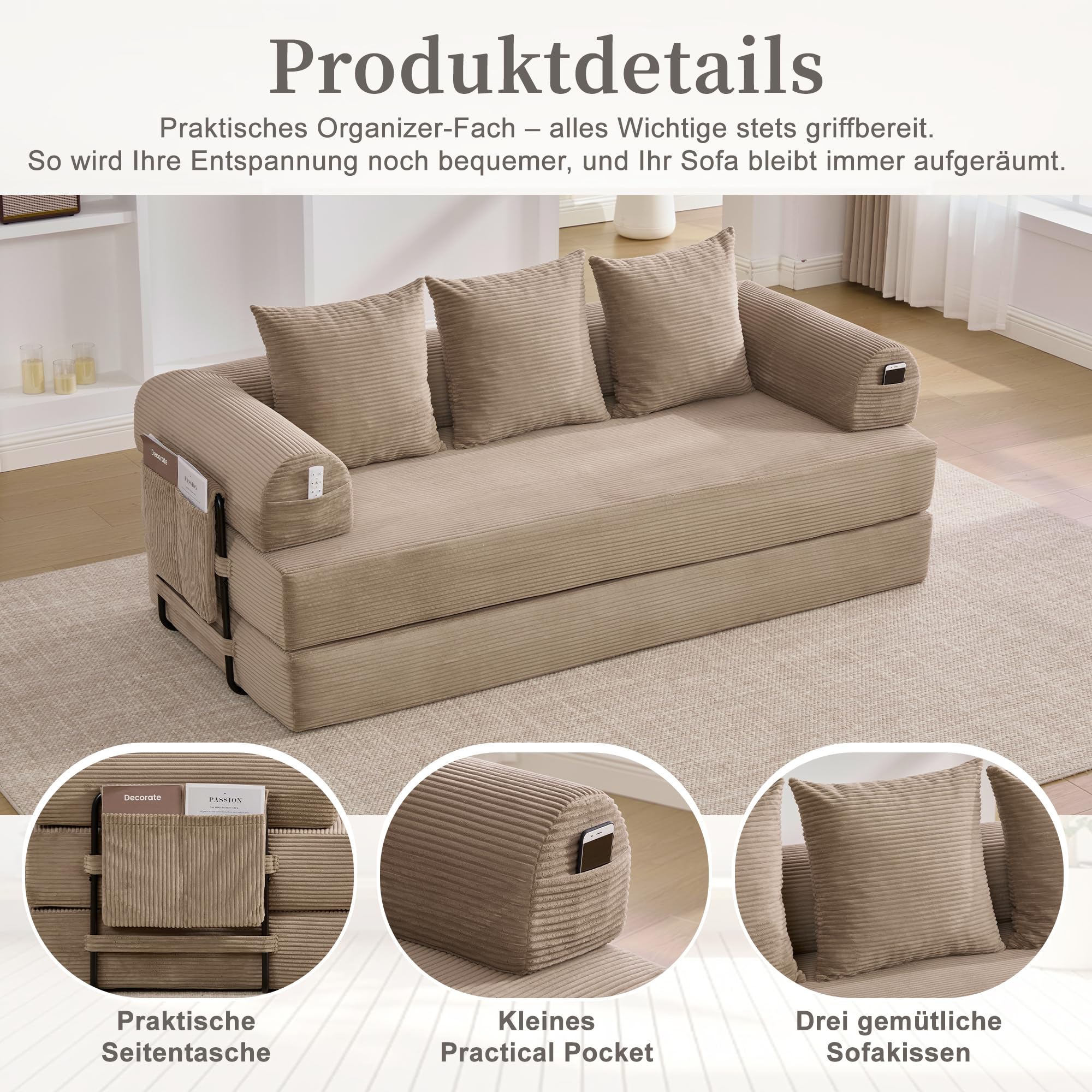 Sofá modular, sofá sin huesos, sofá cama, sofá con función de dormir, plegable, con estructura de metal robusta, bolsillos laterales + 3 cojines, 200×94×67cm (Jaque)
