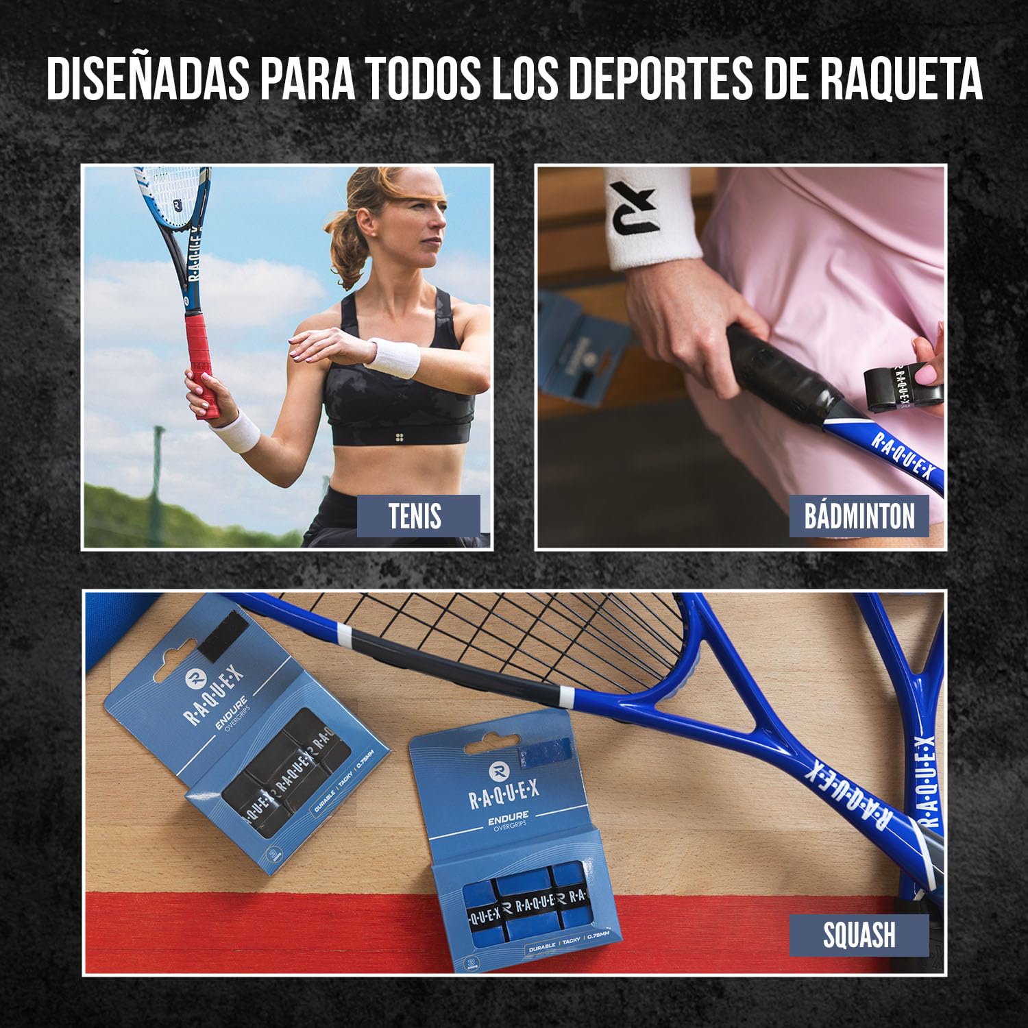 Raquex Paquete de 3 Cintas Endure, de 0,75 mm de Grosor, para empuñaduras de Raquetas, Antideslizantes, para Raquetas de Tenis, bádminton, Squash y pádel