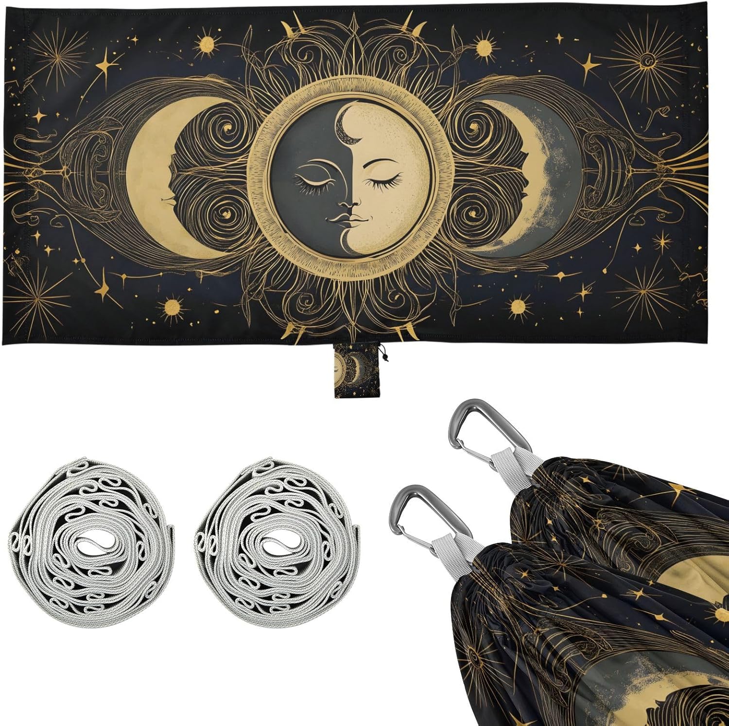 ALAZA Sun Moon Face Astrology Camping Hammocks Single or 2 Person 500 lbs Portable Parachute Travel Hammock w/Tree Straps for Hiking Backpacking Indoor Outdoor