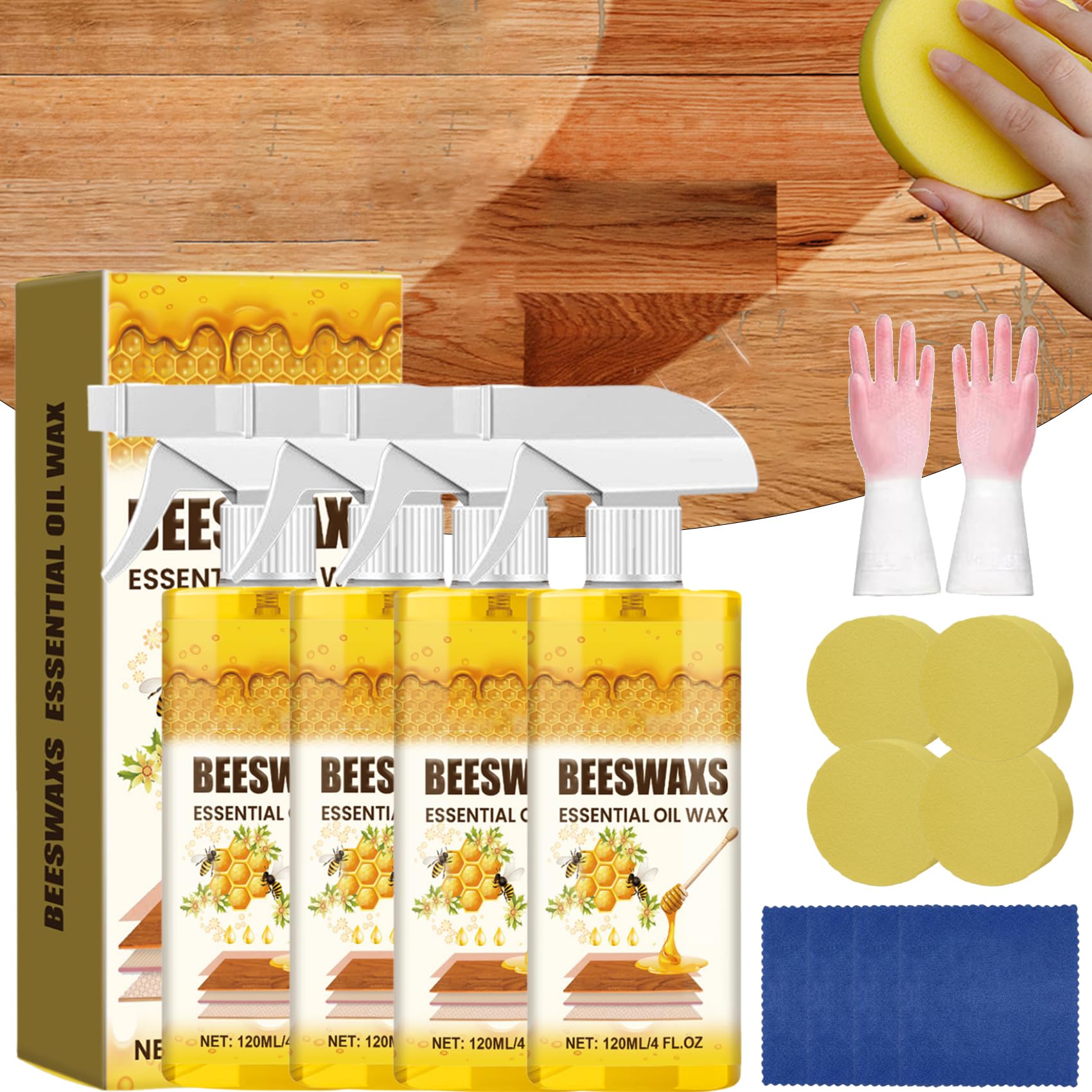 Beeswax Wood Polish Spray - Acabado Profesional Sedoso Con Cera De Abeja Para Nutrir, Proteger Y Dar Brillo, Spray Natural Para Limpiar Y Restaurar Muebles Y Suelos De Madera (4PC)