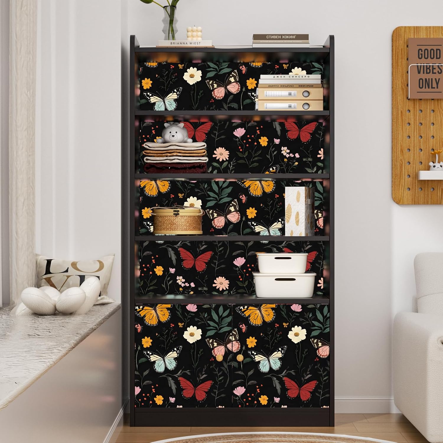Dark Butterfly Wallpaper Peel and Stick, Vintage Black Butterfly Floral Self Adhesive Removable Wall Paper for Nursery Bedroom Cabinet, Vinyl Boho Colorful Contact Paper Decor 17.5In x 118In