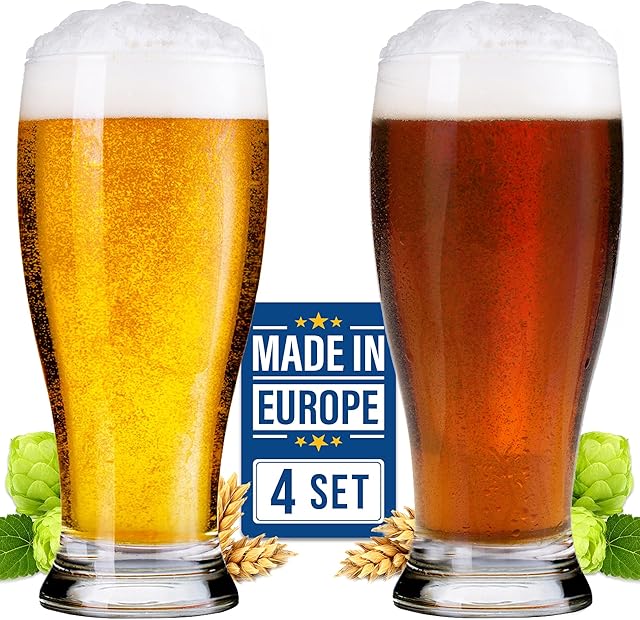 CRYSTALIA Luxury 570ml Pint Beer Glasses Set of 4, 100% Lead & Cadmium Free Pint Glasses, Pint Beer Glasses, Lager Glass, Weizen Glass, Pilsner Glass, Pub Glasses, Bar Glasses, Weizenbier Glass