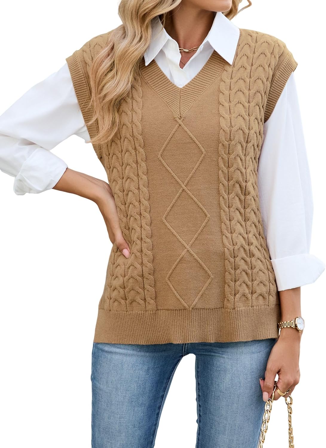 ZAFUL Womens V Neck Sweater Vest Cap Sleeve Oversized Ribbed Cable Knit Casual Loose Tank Top Pullover