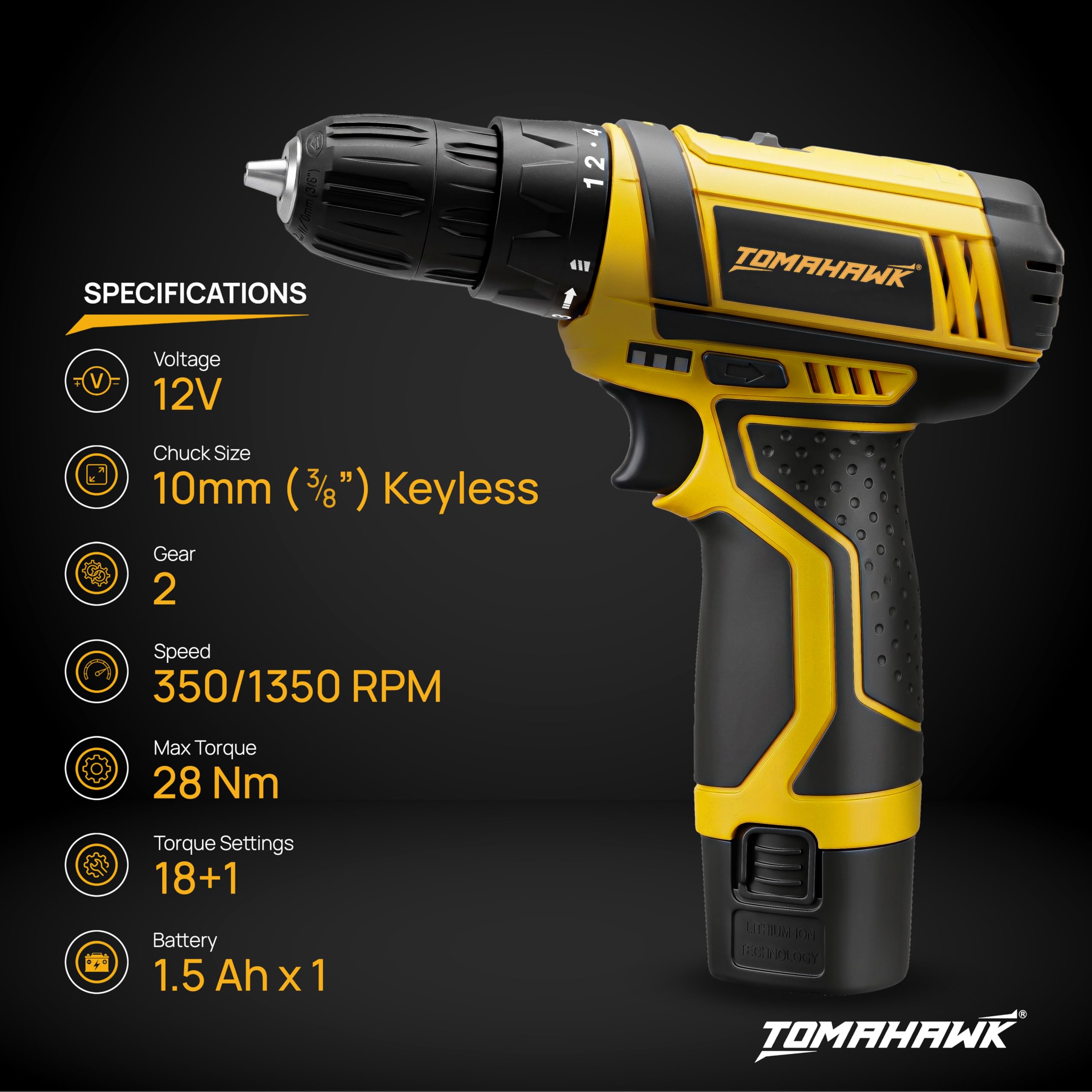 Tomahawk T7600-S 12V Cordless Drilling Machine & Screwdriver Kit | Wall Drilling | 10mm Chuck | 2-Speed 350/1350 RPM | 28 Nm | 18+1 Clutch | 1.5Ah Battery + Charger | LED + Indicator 2