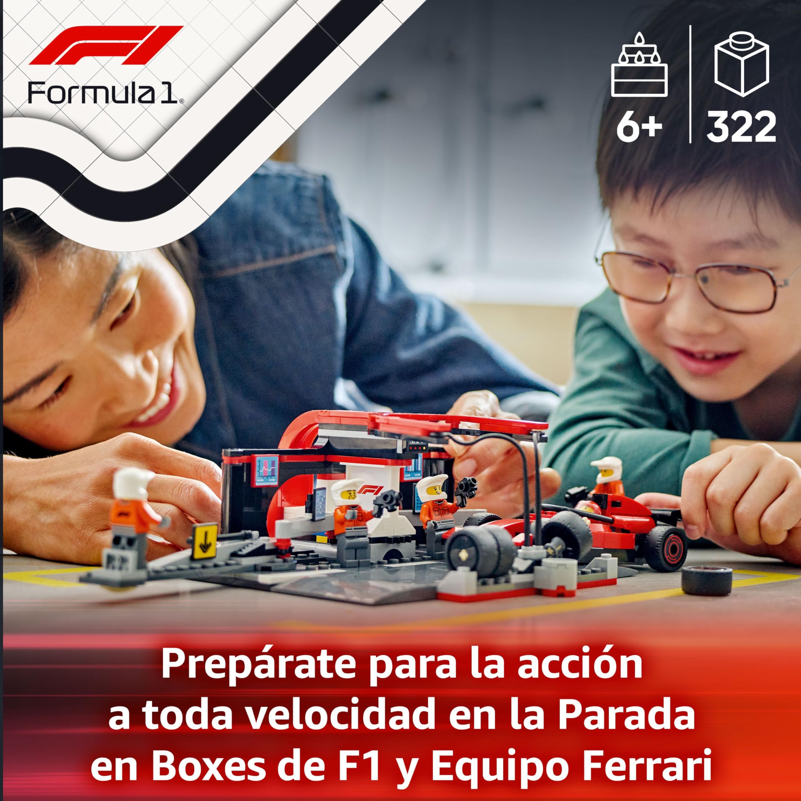 LEGO City Parada en Boxes de F1 y Equipo de Mecánicos con Coche Ferrari de Juguete para Niños y Niñas de 6+ Años, Maqueta de Carreras de Fórmula 1 con Pit Stop y Minifigura de Piloto 60443
