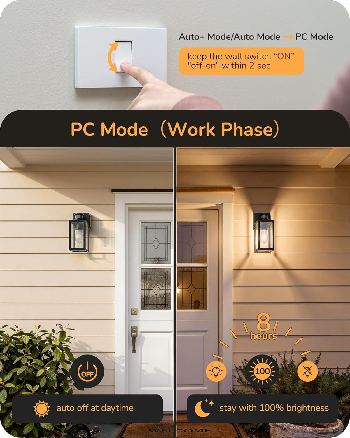 EDISHINE Porch Lights with GFCI Outlet, Motion Sensor & 3 Modes Modern Outdoor Wall Lights, 12" H Dusk to Dawn Exterior Light Fixture Waterproof Wall Lantern for Front Door, Garage, Black