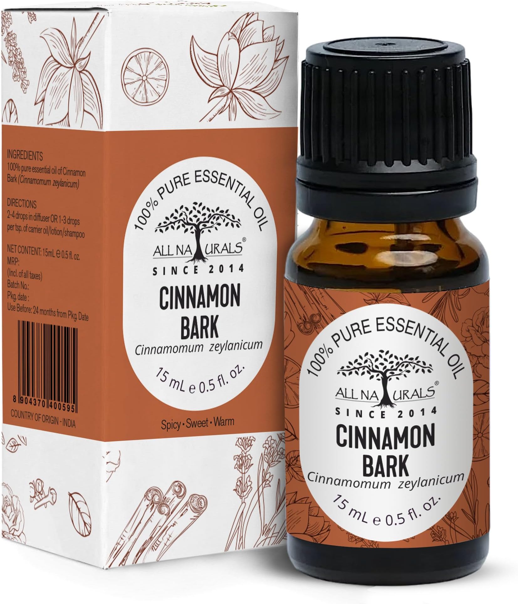 All Naturals - Cinnamon Bark Essential Oil (15ML) | Immune Support With Dalchini Oil | Therapeutic Grade Cinnamon Oil | 100% Pure & Natural For Hair Growth | Aromatherapy | Strengthening of Hair