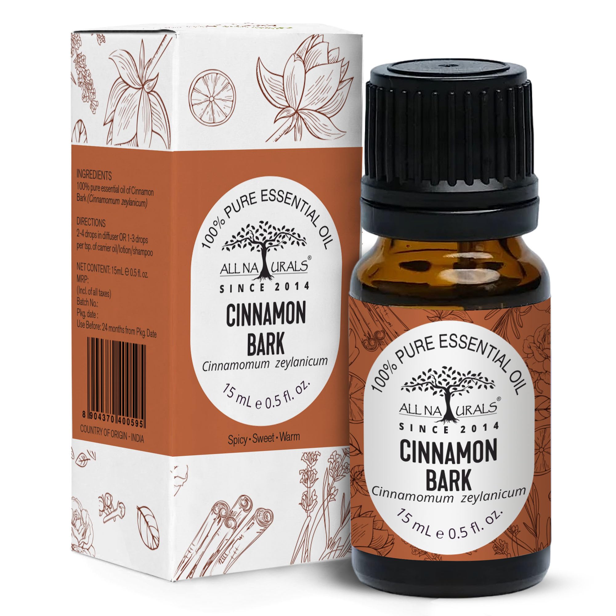All Naturals - Cinnamon Bark Essential Oil (15ML) | Immune Support With Dalchini Oil | Therapeutic Grade Cinnamon Oil | 100% Pure & Natural For Hair Growth | Aromatherapy | Strengthening of Hair