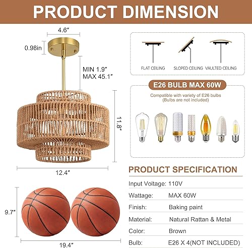 Miniatura 5 de Lámpara Colgante de Ratán de 12.4", Luminaria de Araña Boho de 1 Luz, Luminaria de Techo Colgante de Ratán Estilo Granja para Comedor, Sala de