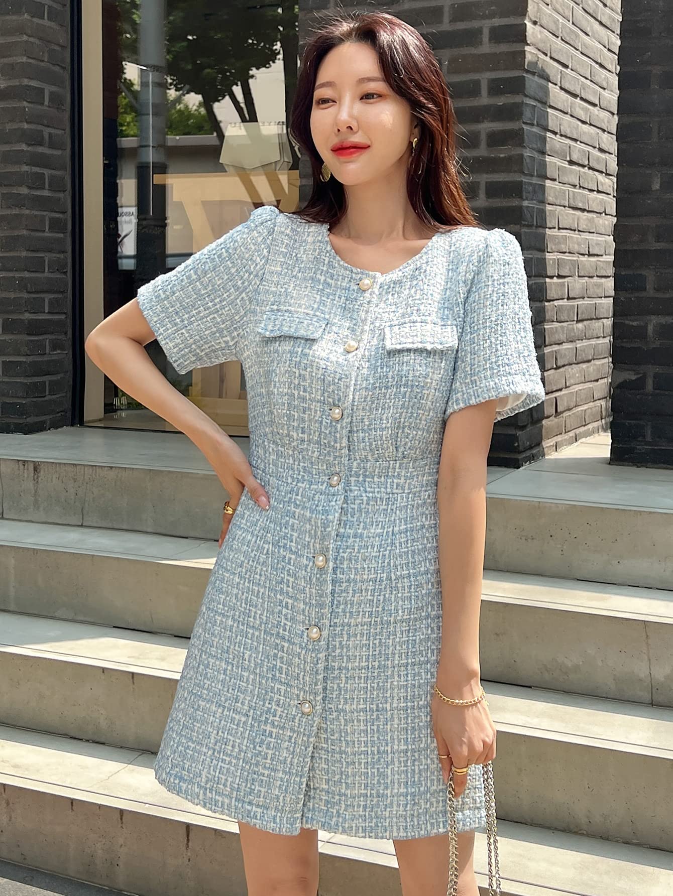 Amazon.com: Women's Dresses Flap Detail Pearls Button Puff Sleeve