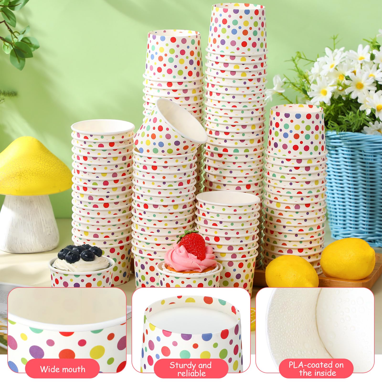 Honeydak Paquete de 400 vasos de helado de lunares arcoíris de 150 ml para fiestas, vasos de papel desechables para dulces, postres, aperitivos, yogur, boda, fiesta de cumpleaños