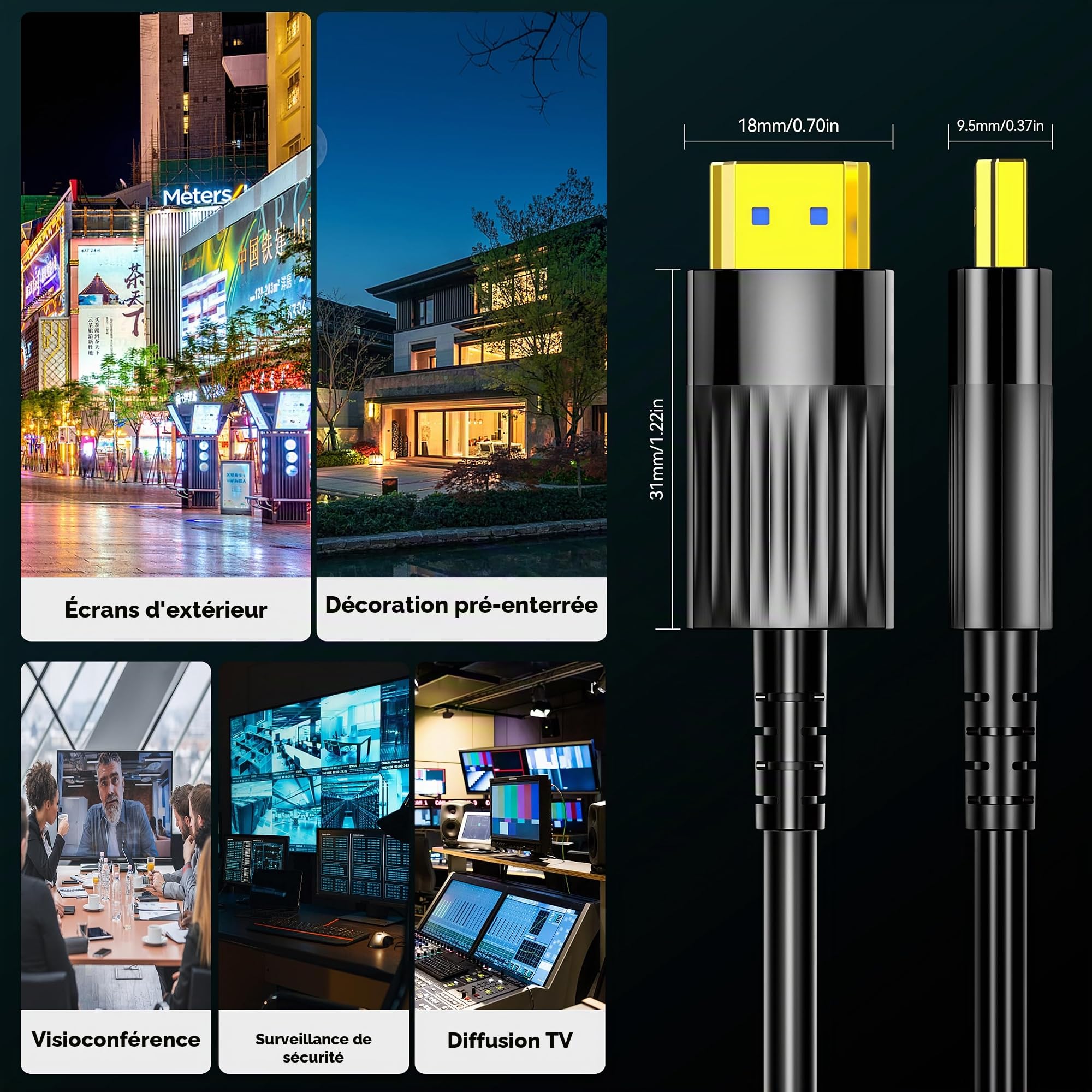 Câble HDMI en fibre optique 8 K, 10 m, 48 Gbit/s, ultra haut débit, 8 K @ 60 Hz, 4 K @ 120 Hz, eARC, HDCP 2.2 et 2.3, HDR dynamique Dolby Atmos, compatible avec Xbox, PS5/PS4, HDTV