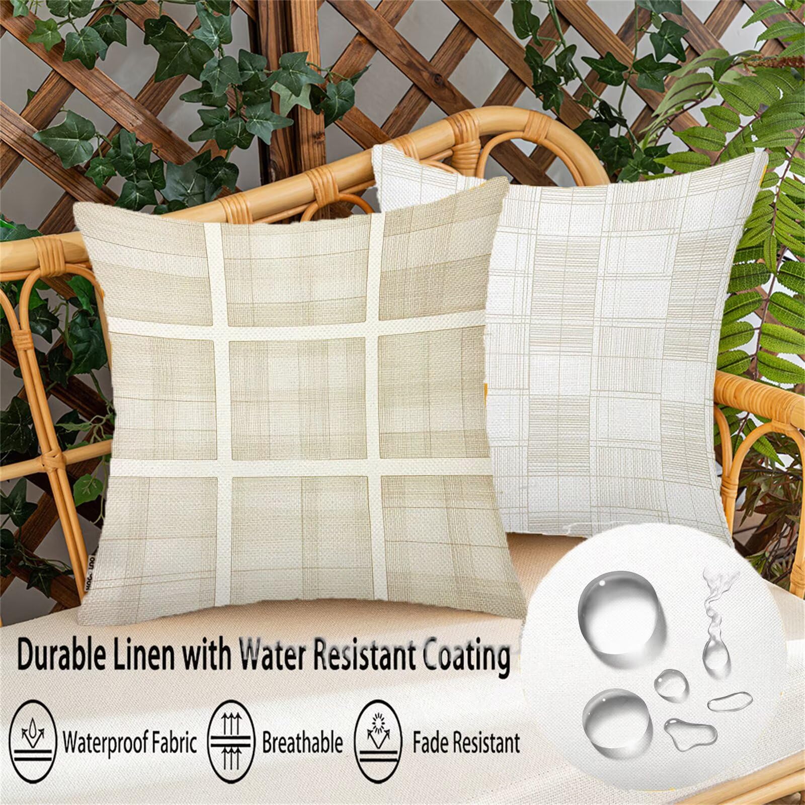Creme Kissenbezug 65x65, Outdoor Kissen Gitter 4er Set Outdoor Zierkissenbezüge, Doppelseitig Drucken Wetterfest Leinen Kissen, mit Unsichtbarem Reißverschluss für Luxus Garten Terrassen Deko S-909