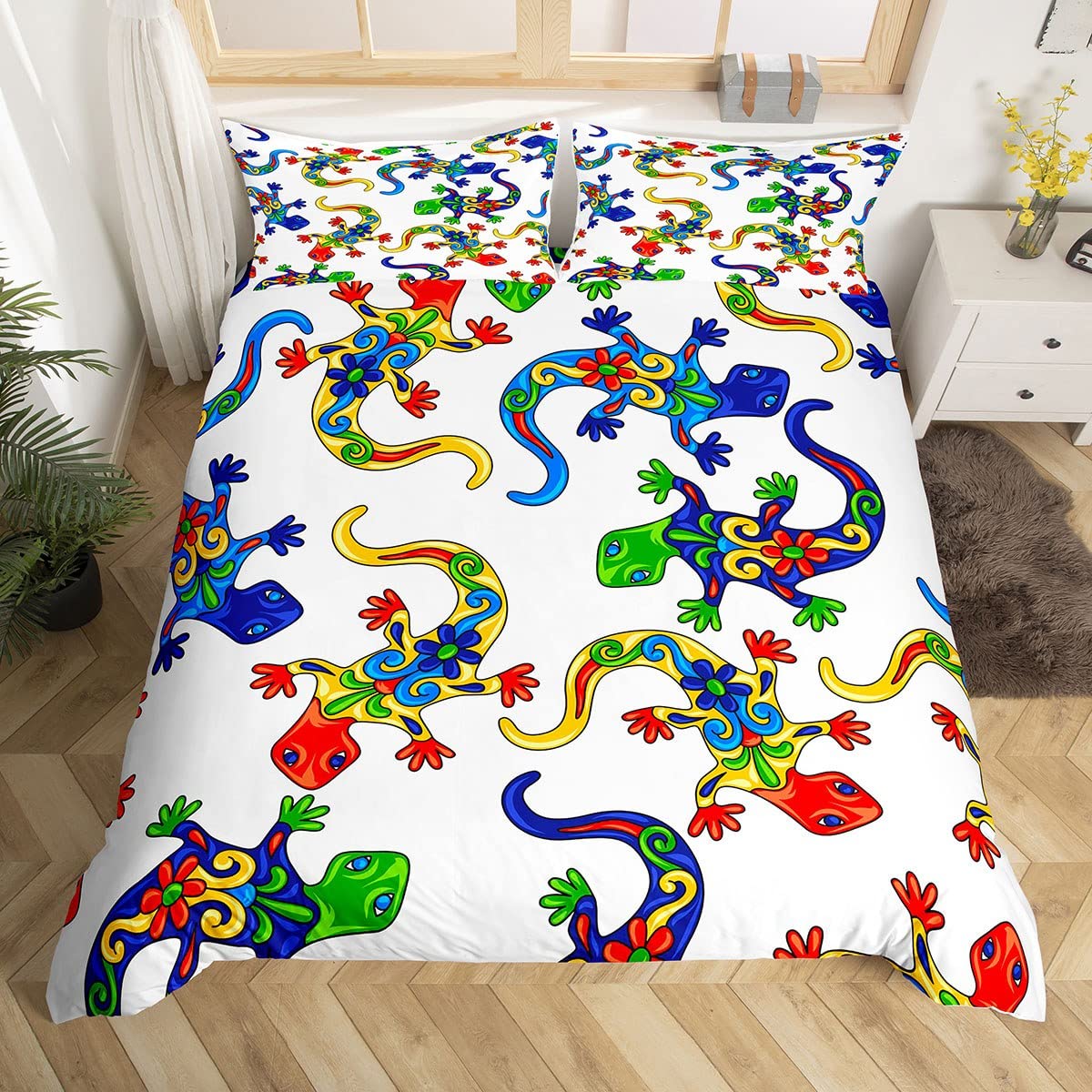 Homewish Boys Multi 14 Exotic Lizard Duvet Cover Colorful Chameleon Bedding Set For Girls Wildlife Reptile Creature Comforter Cover Hippie Boho Floral Bed Set Double,Wild Safari Theme Kawaii Room Decor