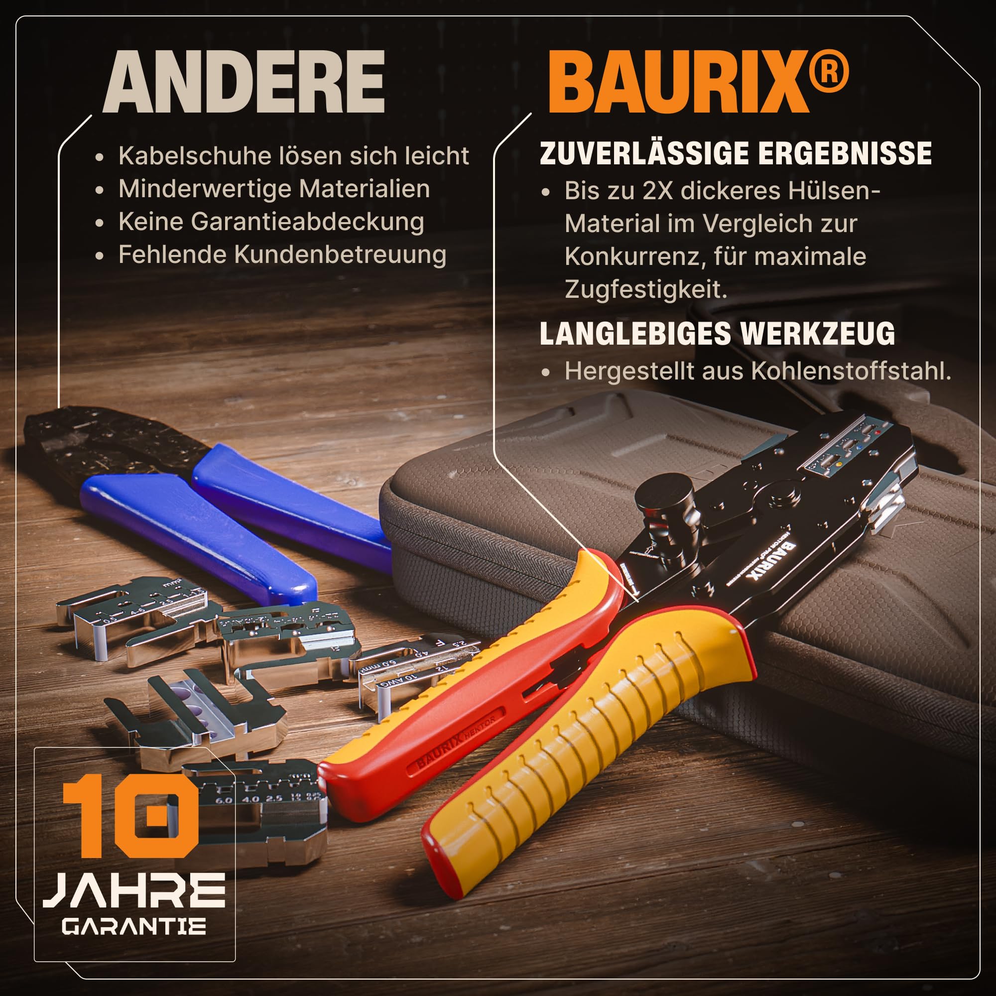 BAURIX® Crimpzangen mit 6 Wechselbacken und Kabelschuhe Sortiment 700 Stück – Elektriker Werkzeug für Kabelschuhe, Aderendhülsen & Steckverbinder – für Auto, Haushalt & Elektroinstallation