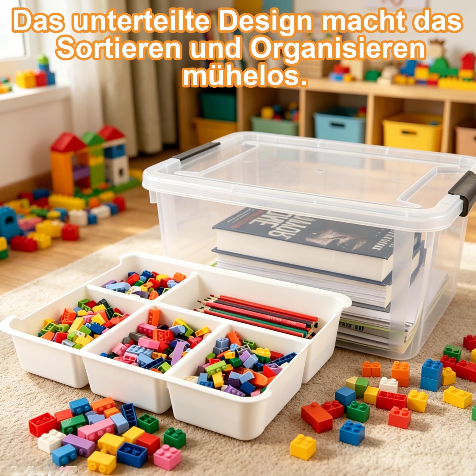 YOUNTHYE Set di 2 scatole portaoggetti con scomparti, 40,5 x 29,5 x 18,5 cm, impilabili, grandi, per mattoncini da costruzione e accessori per il fai da te