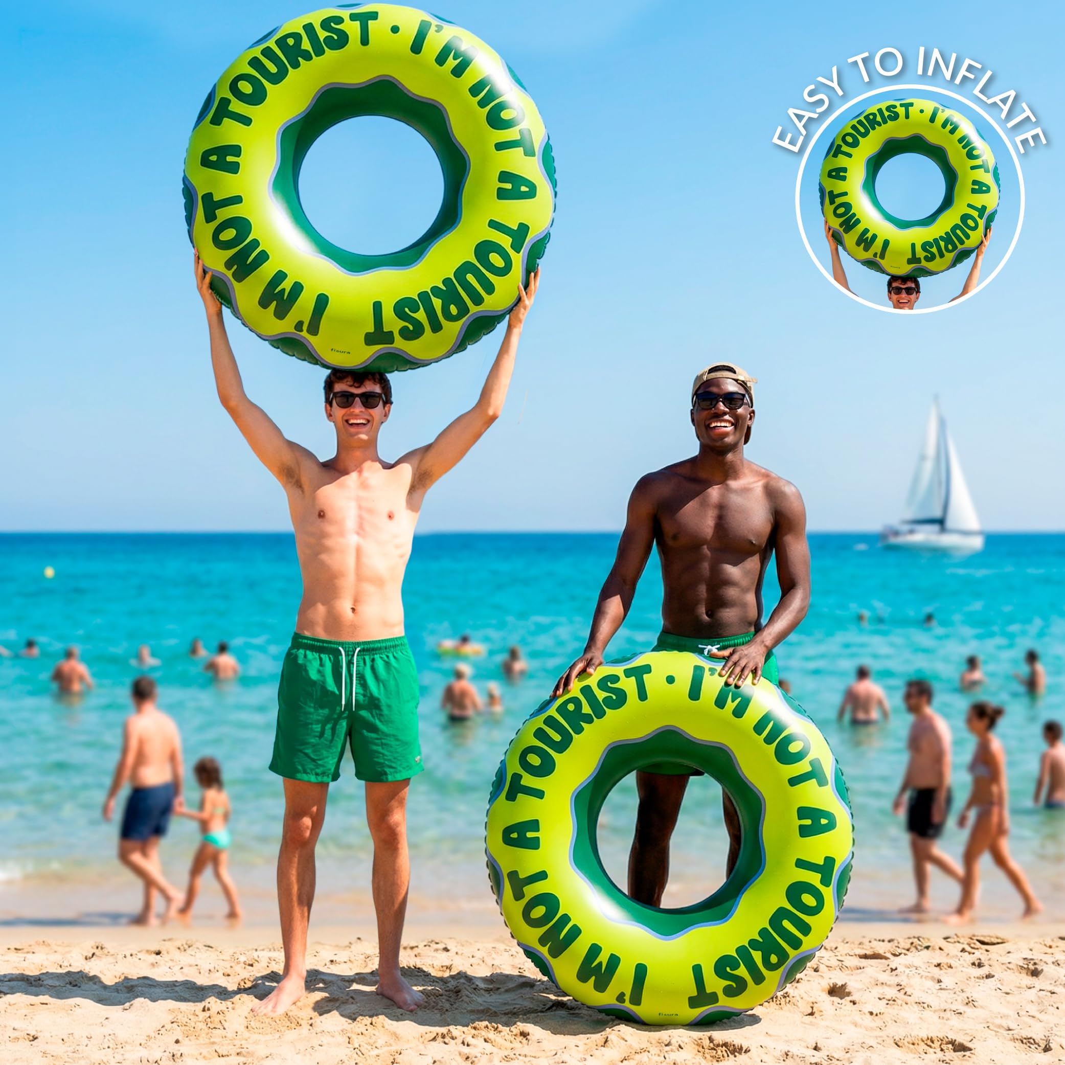 Fisura – Koło dmuchane „I'm not a tourist” zielone 105 cm, koło dmuchane z zaworem bezpieczeństwa do szybkiego pompowania, dmuchane koło do pływania na basen i plażę