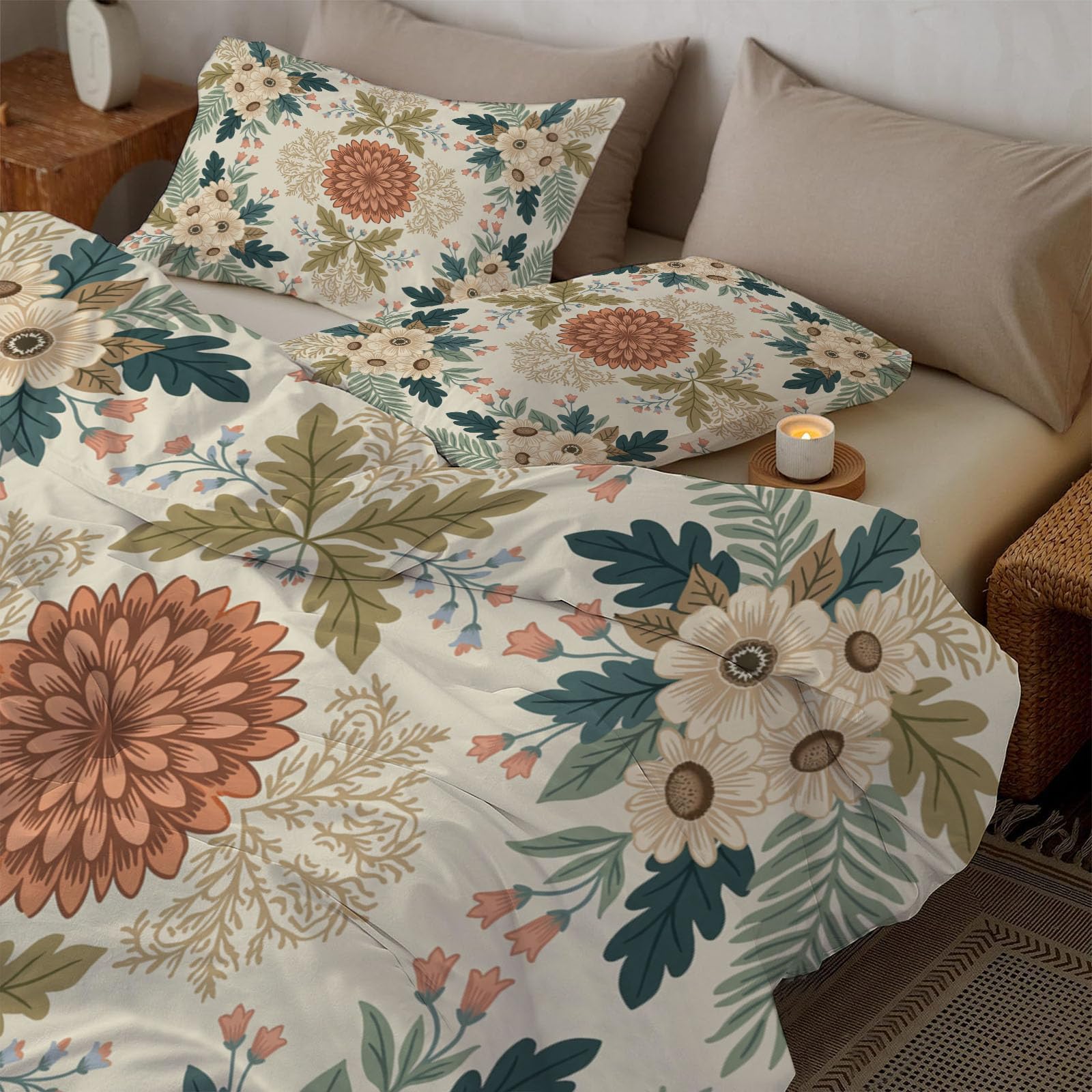 Funda Nórdica Cama 105 Crema,Juego de Cama de Impresión Delicado Estampado Floral Flores y Ramas Microfibra Suave Transpirable,Funda Edredón 200×200CM para Niños Niñas