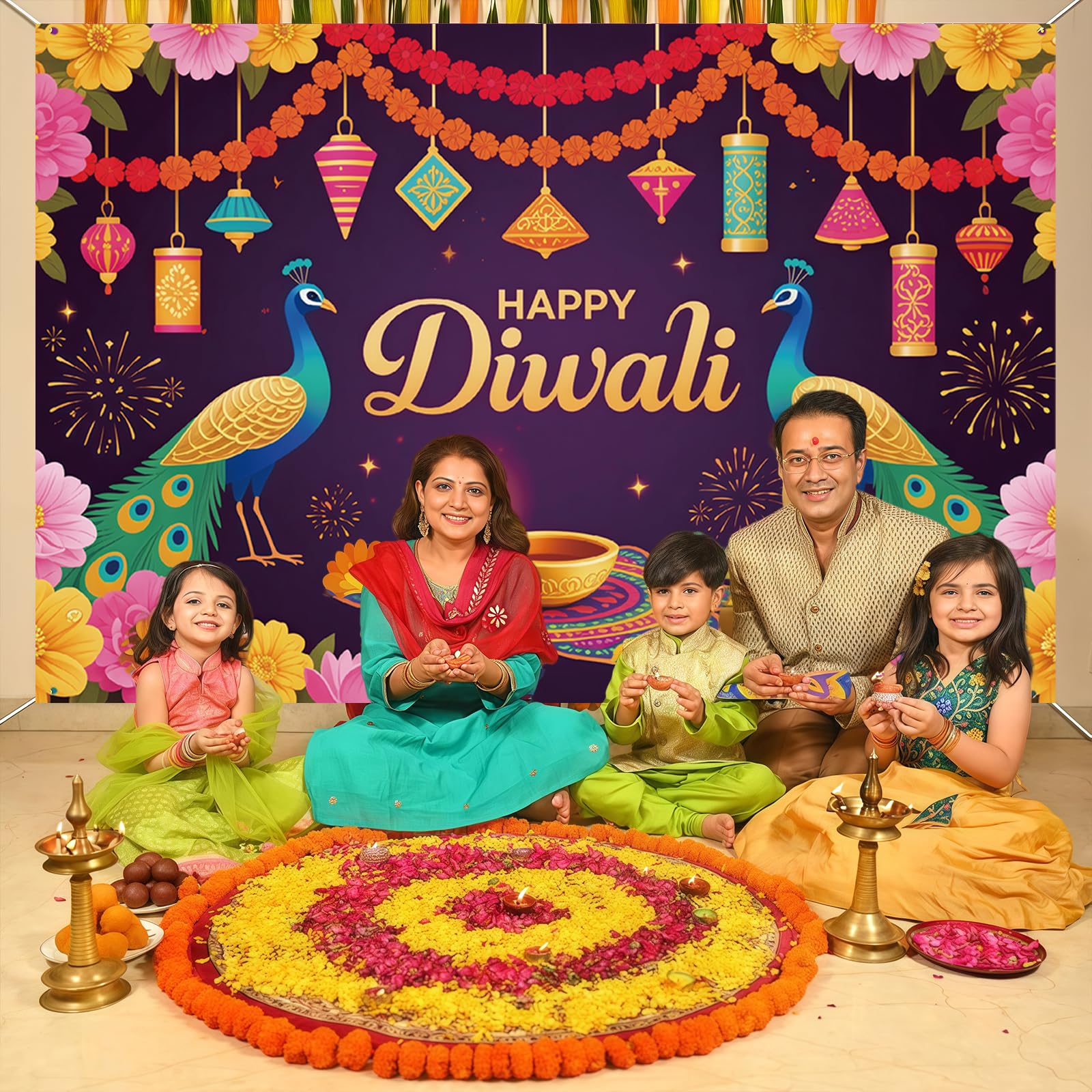 Happy Diwali Decorations Banner Festival of Lights Happy Diwali Background for Indian Deepavali Lights Diyas Party Decor Photo Booth Props 59 X 39 In - Image 3