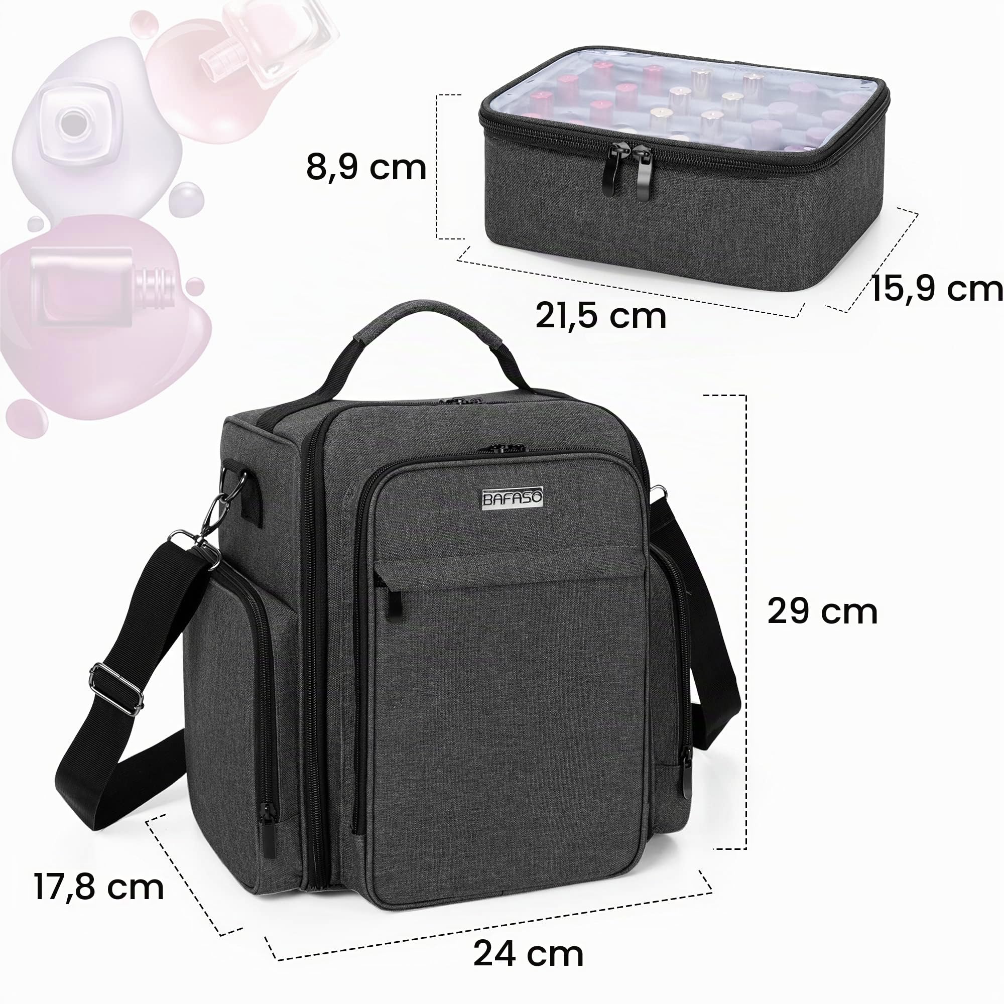 BAFASO Borsa Organizer per Smalti per 48 Flaconi e Lampada, Nero | Valigetta Porta Smalti, Borsa da Viaggio per Smalti per Unghie, 15 ml-0,5 fl.oz, per e Lampada Unghie UV, (Solo Borsa)
