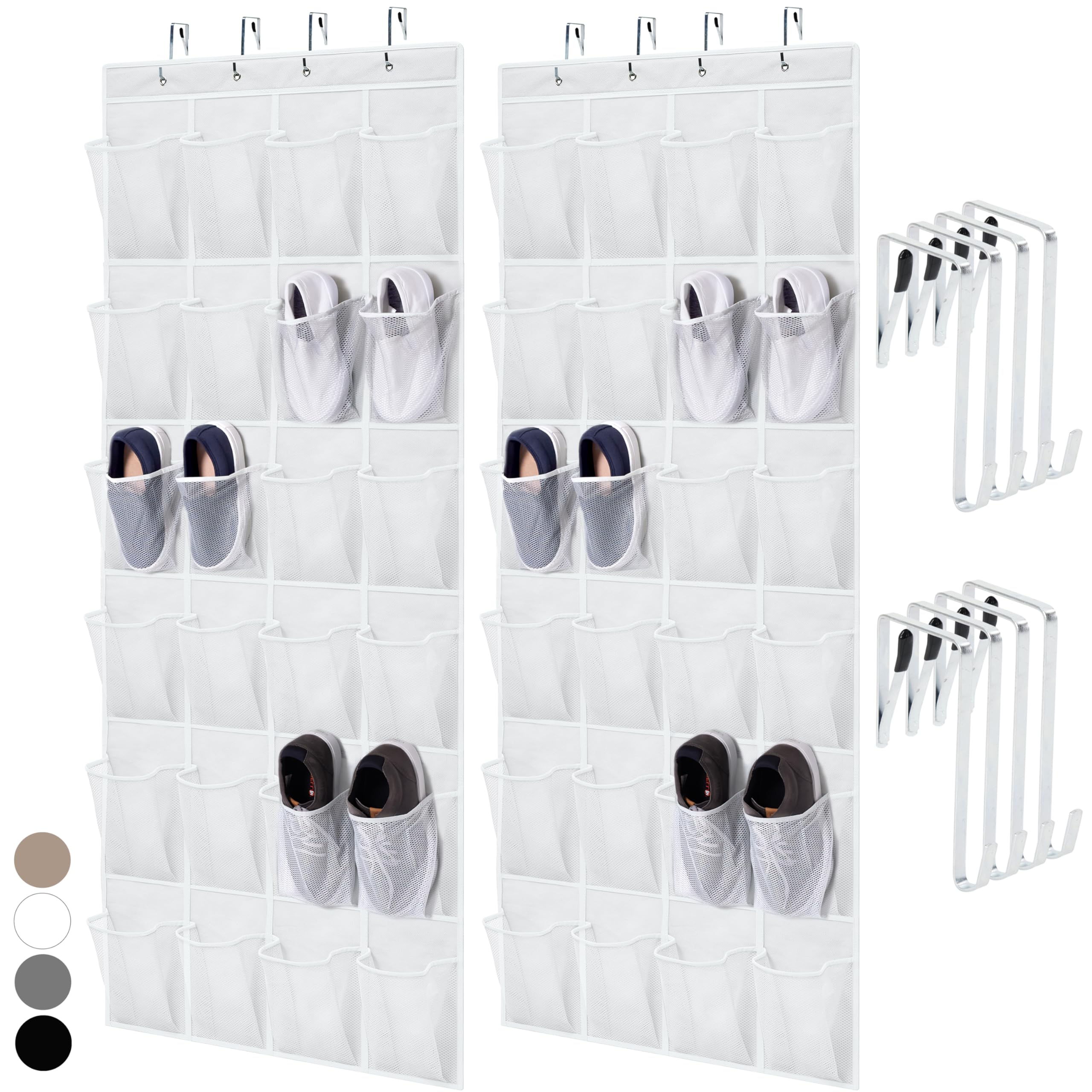 HOME GENIE Over the Door Hanging Shoe Organizer, 2 Pack, 24 Breathable Mesh Pockets, Closet Rack Storage Holder Stay in Place Hooks Hang on Closets, Hanger Holds Up to 40 lbs, Shoes, Accessories White