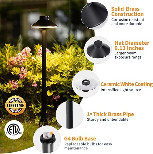 Miniatura 2 de Luces de camino de latón para paisaje, luces LED de 12 V de bajo voltaje con cable, luces de jardín al aire libre impermeables, sombrero superior