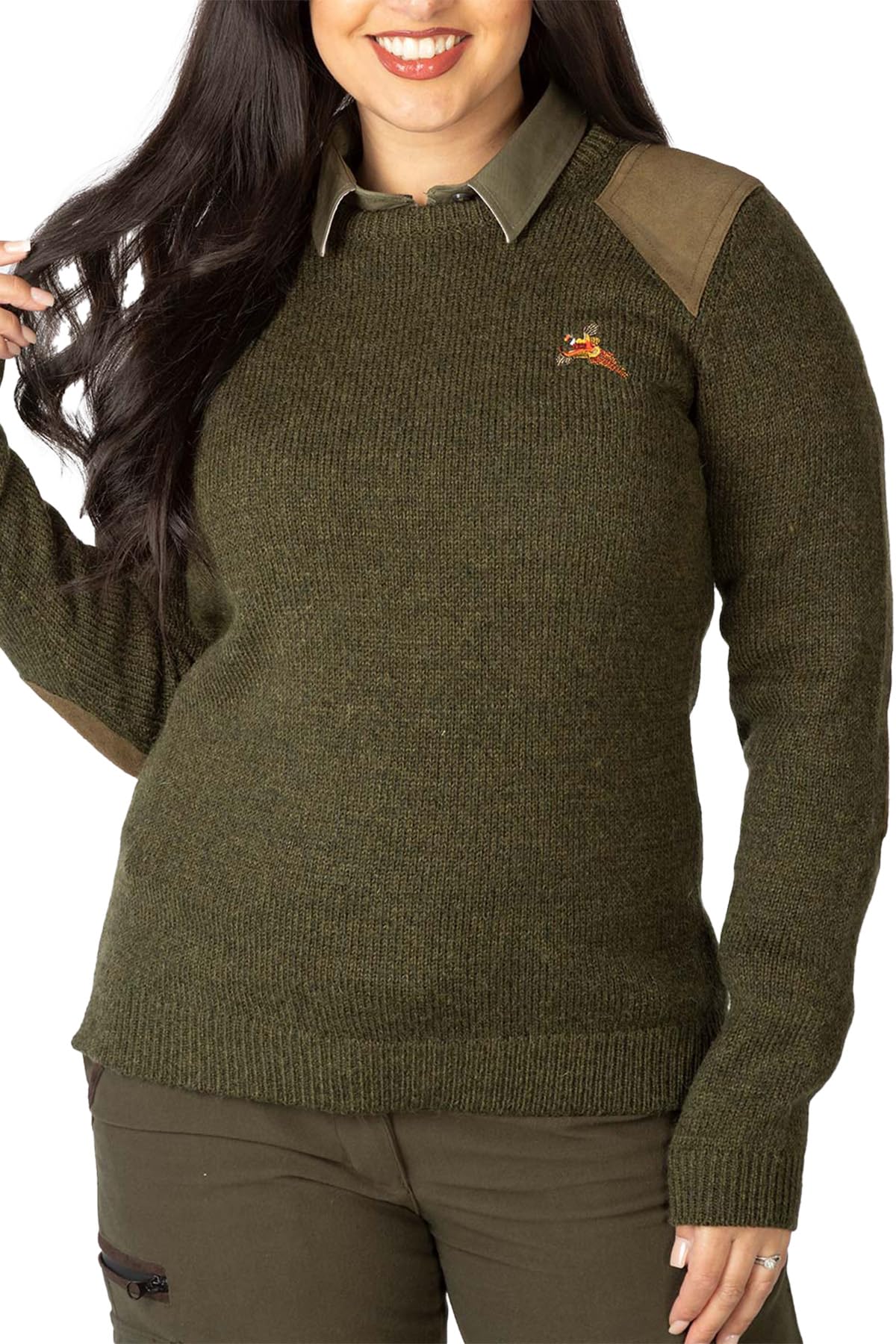 Rydale Shooting Sweater Pheasant Motif Crew Neck Wool Hunting Jumper Sweatshirt (UK, Numeric, 12, Regular, Regular, Olive Tweed)