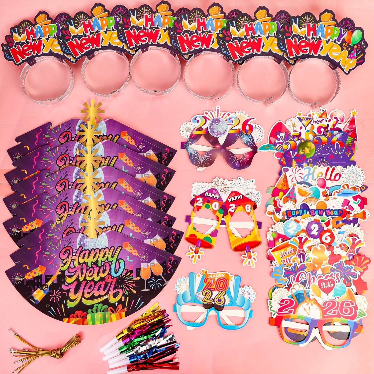 HOWAF 40pcs Neon Color 2026 New Year Eve's Party Supplies Set- Include New Year Paper Hats Headband Paper Eyeglasses Blowouts for 2026 NYE Decorations Accessories - Image 4
