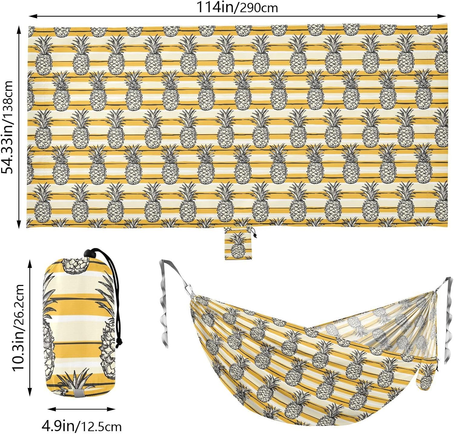 ALAZA Pineapples Stripe Camping Hammocks Single or 2 Person 500 lbs Portable Parachute Travel Hammock w/Tree Straps for Hiking Backpacking Indoor Outdoor