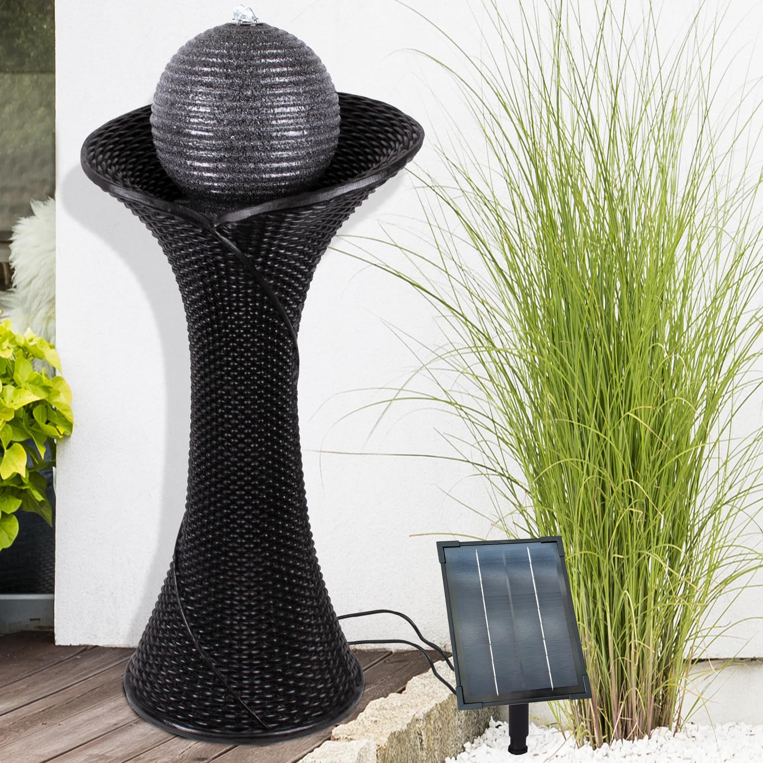 AMUR Solar Fountain with Lithium Battery and LED Lights - Rattan 3-2 - Elegant Pedestal Water Feature for Your Garden