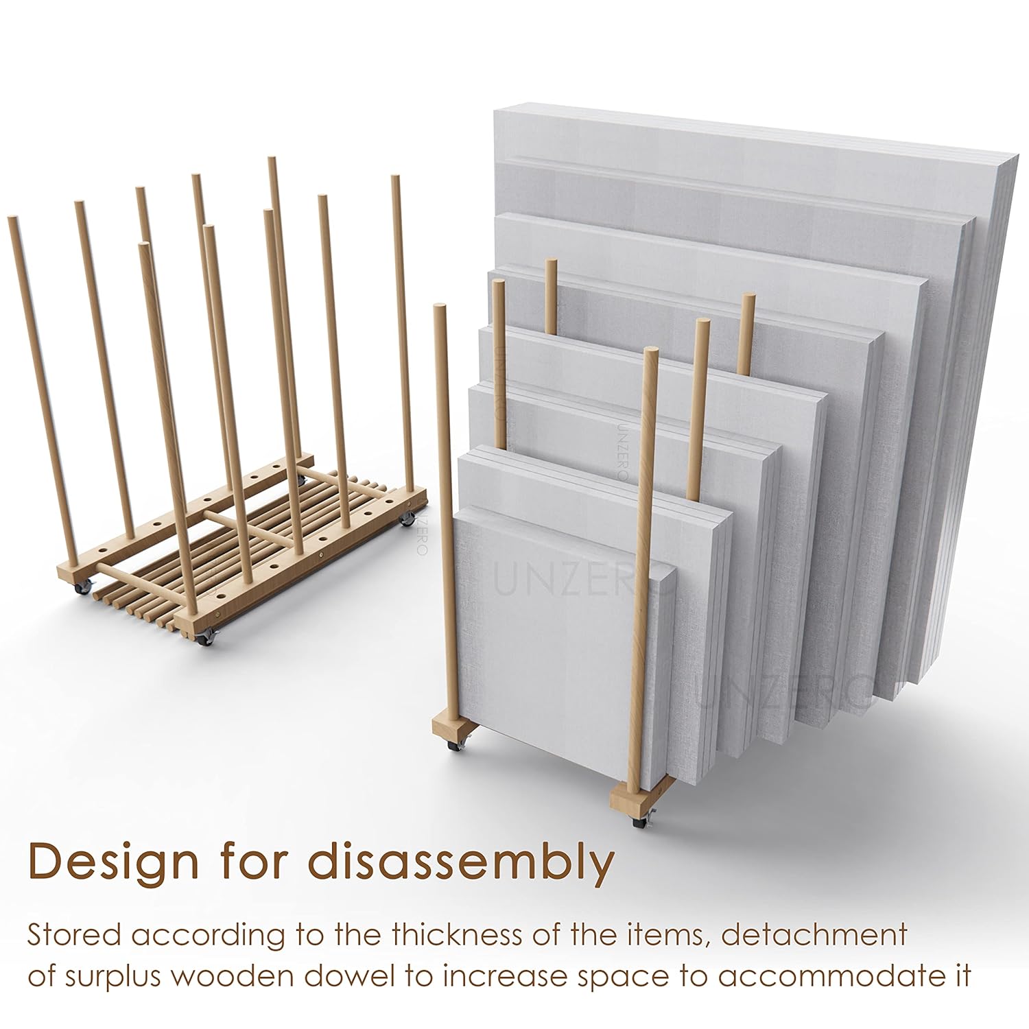 Art Storage Rack With Caster Wheels, Wood Storage Stand for Canvas Boards, Panel, Frame, Drawing Board, Printed Matter, Paper Pad, Backing Plate