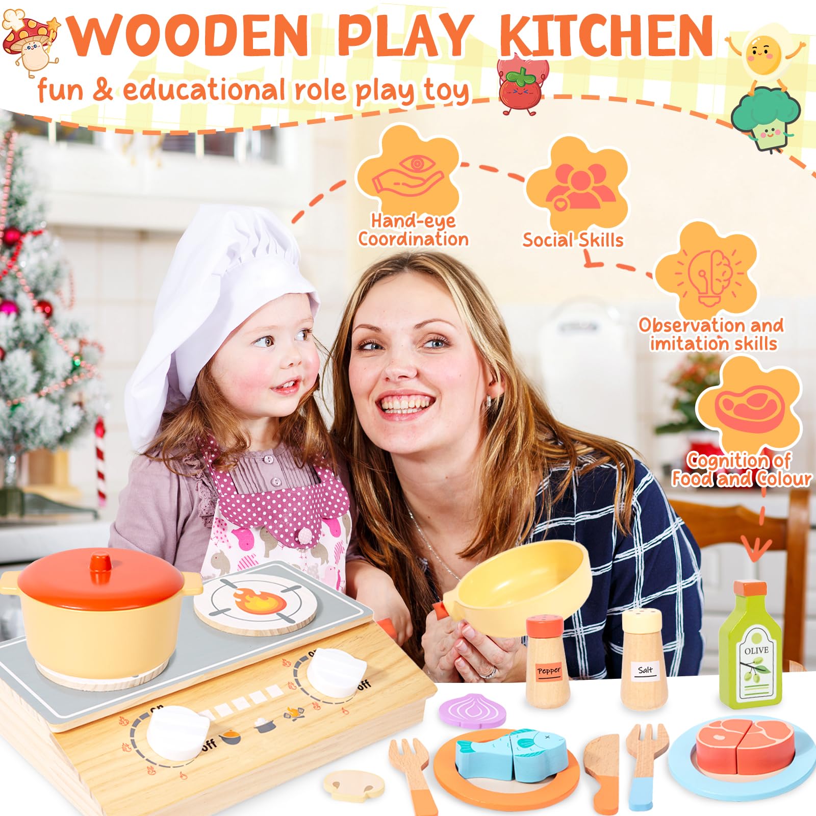 Accesorios Cocina Juguetes,Juguetes de Cocina para Niños Accesorios,Utensilios Cocina Juguete,Juego de Ollas y Sartenes,Frutas y Verduras Juguete,Cocinitas de Juguetes para Niños Niñas 3+ Años