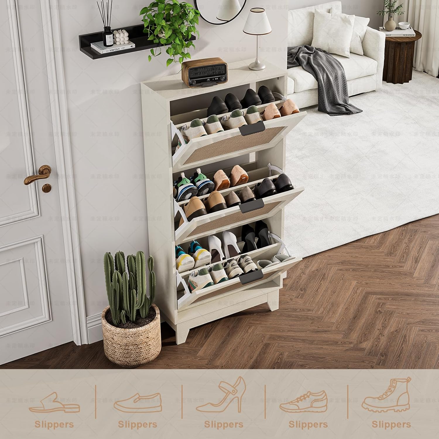 3-Drawer Rattan Shoe Storage Cabinet, Freestanding Narrow Shoe Organizer with Flip Drawers, Hidden Shoe Rack Dresser for Entryway/Hallway (White) - Image 3
