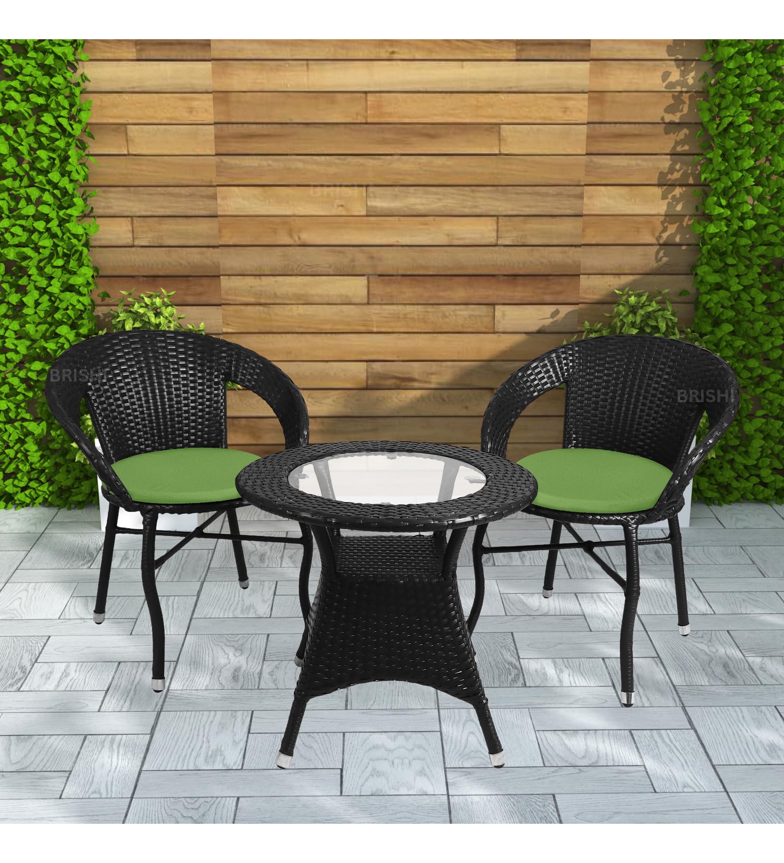 BRISHI 3-Piece Outdoor Rattan Wicker Patio Coffee Table Set with Green Cushion | Garden Furniture for Balcony, Terrace, Porch & Poolside | Waterproof Bistro Sets for Home & Backyard (Black)-image-1