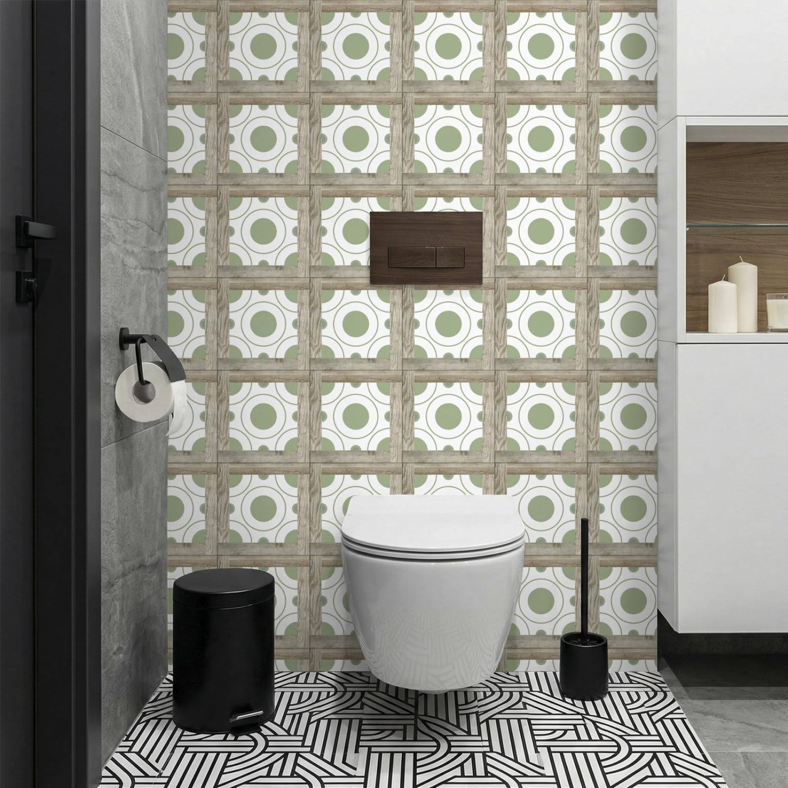 Rmjcxys Green Retro Circle Stick On Tiles Kitchen Tile Stickers Waterproof Vinyl Decals Self Adhesive Stick On Bathroom Tiles Backsplash Decorative Tile Covers 20X20 Cm/ 5 Pcs