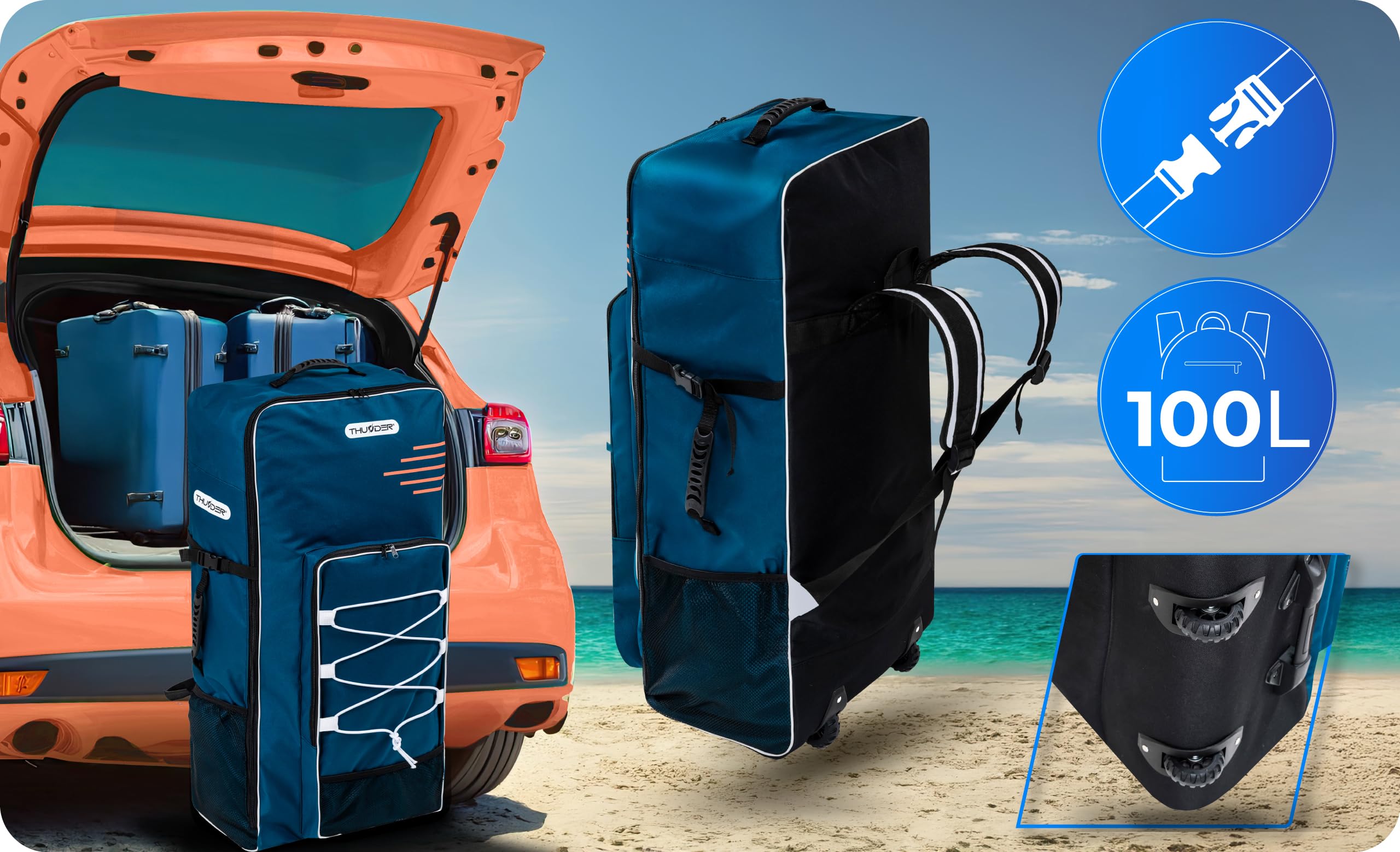 THUNDER Sup Gonflable 365 cm avec Siège Kayak & Support Caméra – Set Touring Complet avec Pompe, Pagaie & Sac à roulettes – Sup Pro jusqu'à 150 kg