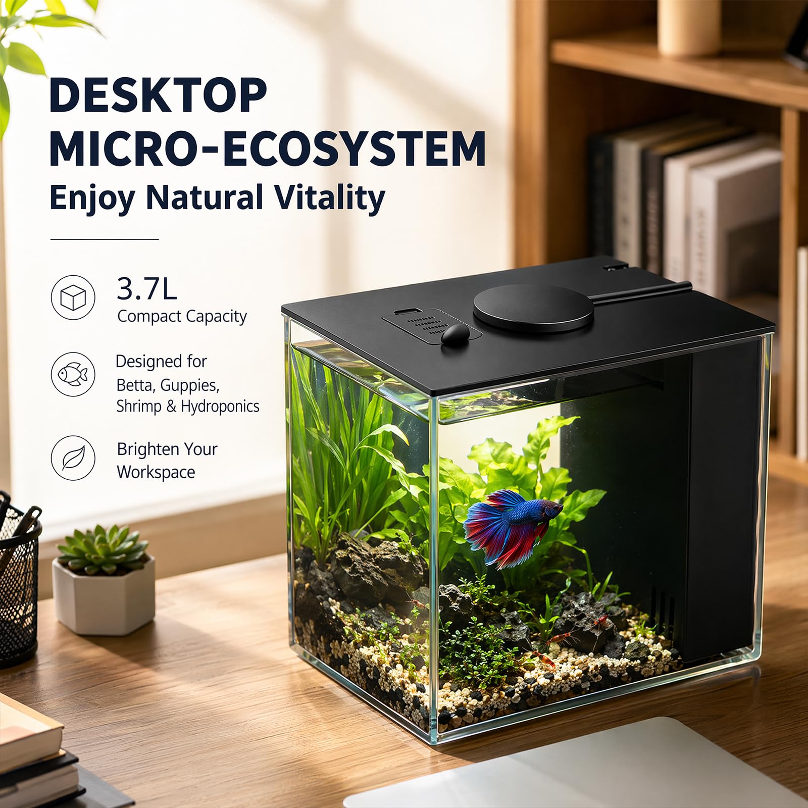Zestaw startowy do akwarium, 3,7 l, małe akwarium Betta z akrylu, z pompą filtrującą i pokrywką i oświetleniem LED, do Aquascape DIY małych ryb, krewetek, basenów rybnych