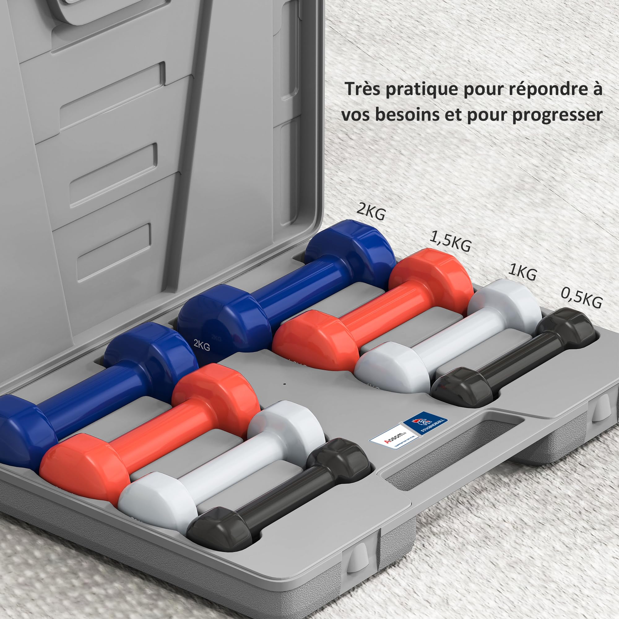 HOMCOM Ensemble d'haltères courtes total 10 Kg - paires de 0,5/1/1,5/2 Kg avec malette - entraînement musculaire & haltérophilie - métal PU